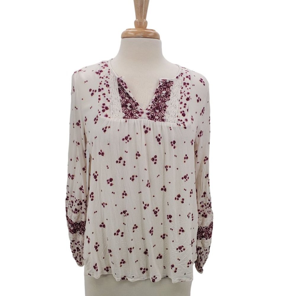 Knox Rose Womens Pink Cream Floral Tunic Top Sz S Long Sleeve V-Neck Lace Boho